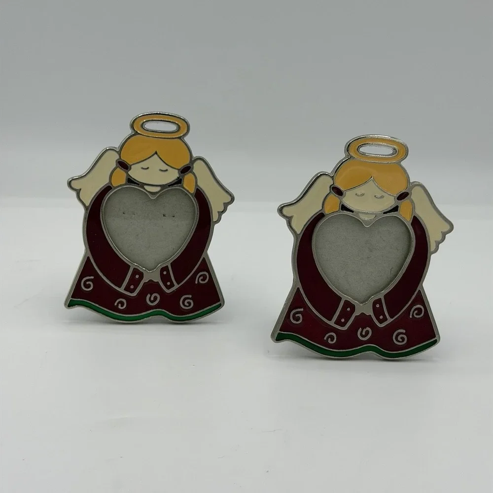Set of 2 Angel Heart Picture Frames 3x3 Photo Red Metal Enamel Christmas Decor